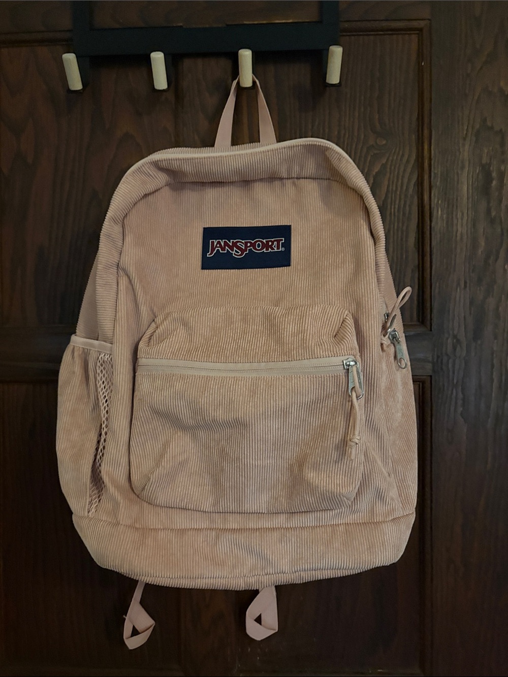 JanSport Blush Pink Corduroy Backpack with Front Pocket